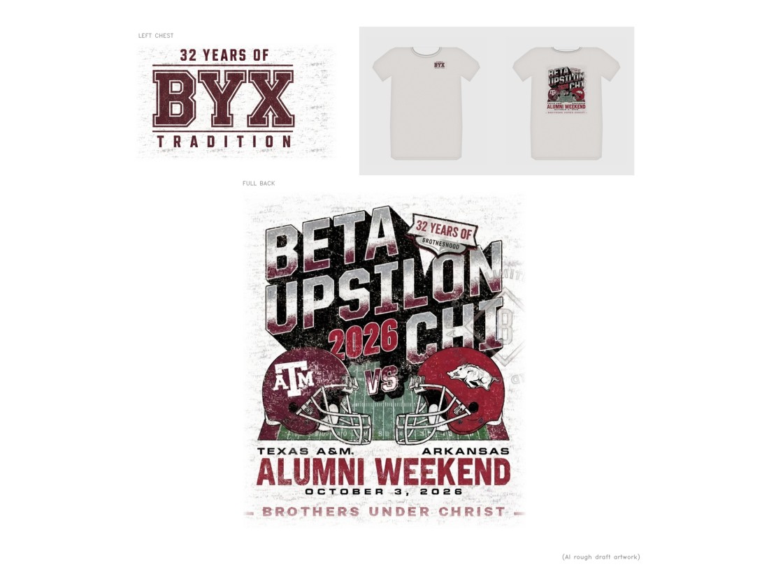 The 2026 Alumni Weekend shirt, ash grey: left chest reads 32 Years of BYX Tradition, and the full design reads Beta Upsilon Chi 2026, 32 Years of Brotherhood, Texas A&M versus Arkansas helmets, Alumni Weekend October 3 2026, Brothers Under Christ