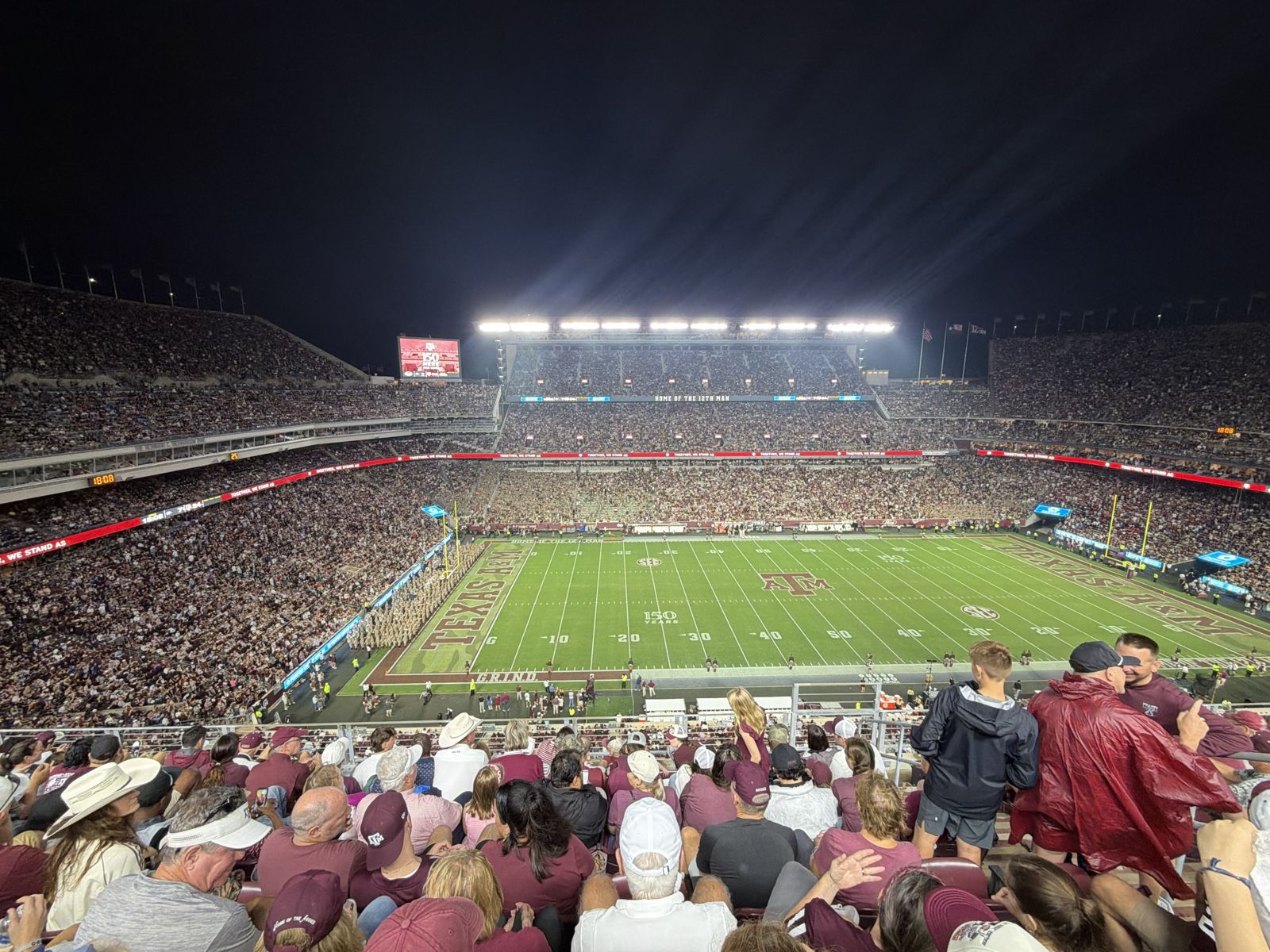 Kyle Field at night under the lights before kickoff against Arkansas
